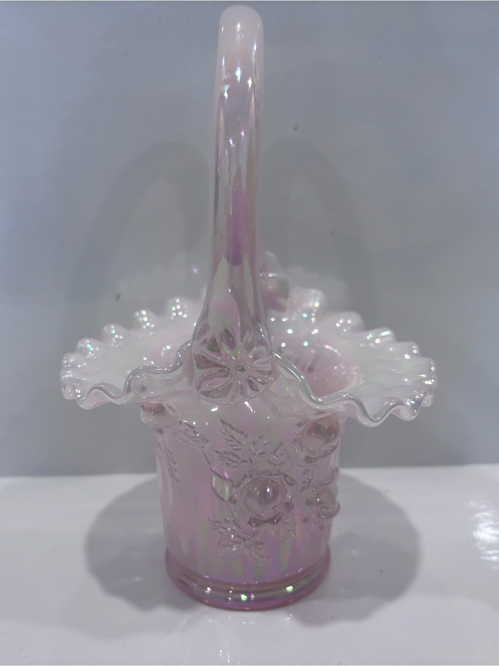 fenton art glass basket pink iridescent 7”